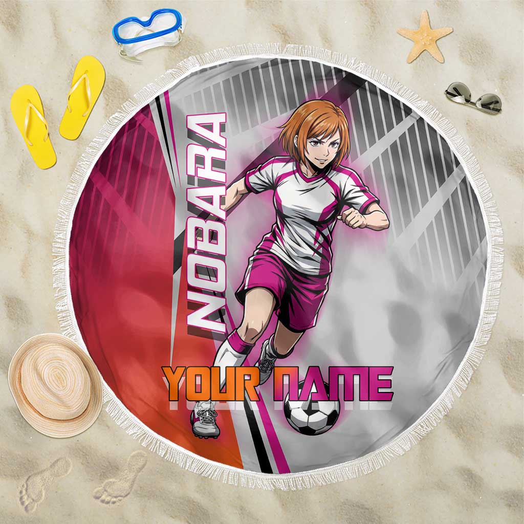 Personalized Nobara Kugisaki Jujutsu Kaisen Beach Blanket with Pink Orange Gradient and Action Kick Pose