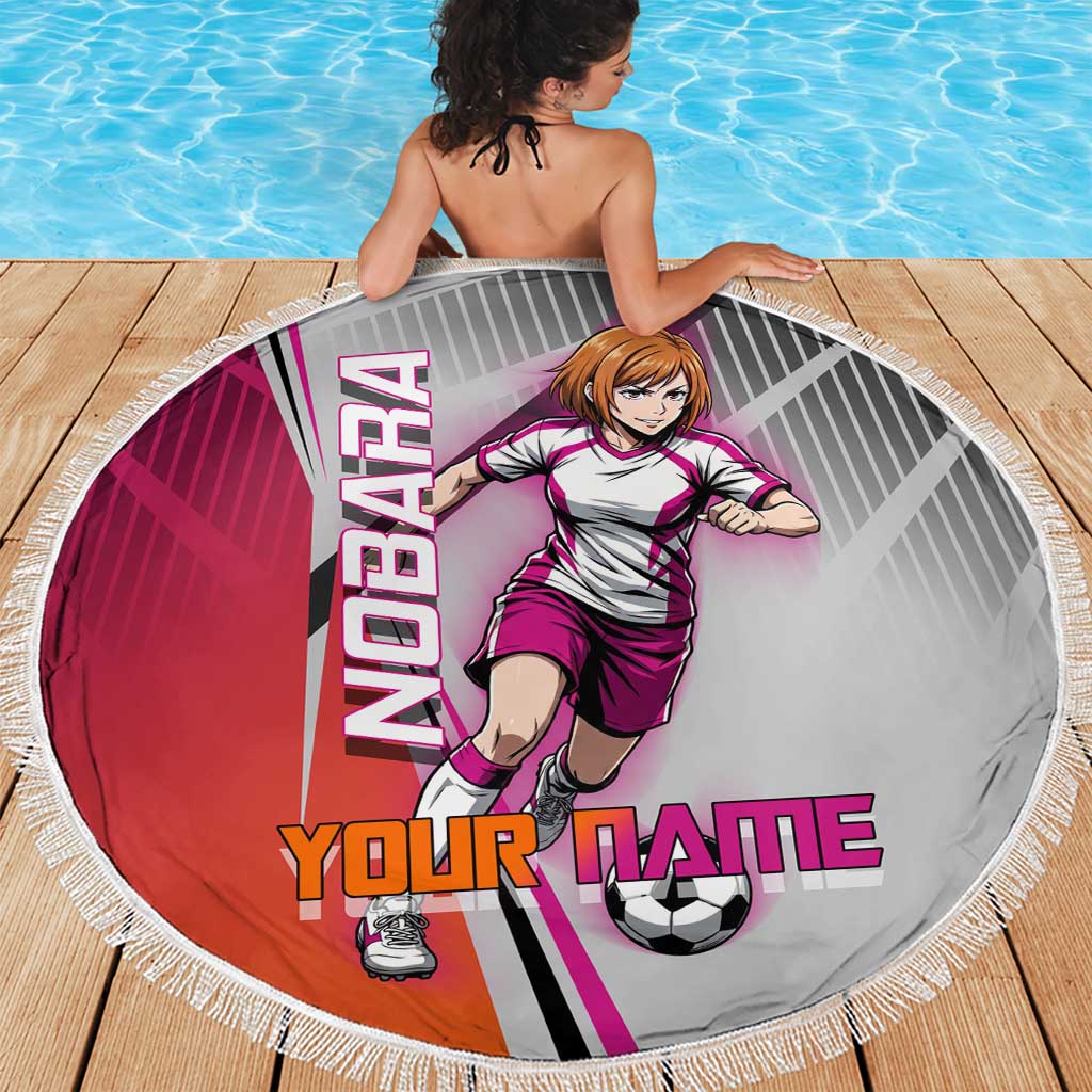 Personalized Nobara Kugisaki Jujutsu Kaisen Beach Blanket with Pink Orange Gradient and Action Kick Pose