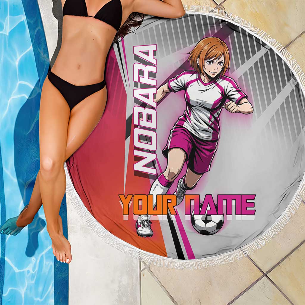 Personalized Nobara Kugisaki Jujutsu Kaisen Beach Blanket with Pink Orange Gradient and Action Kick Pose