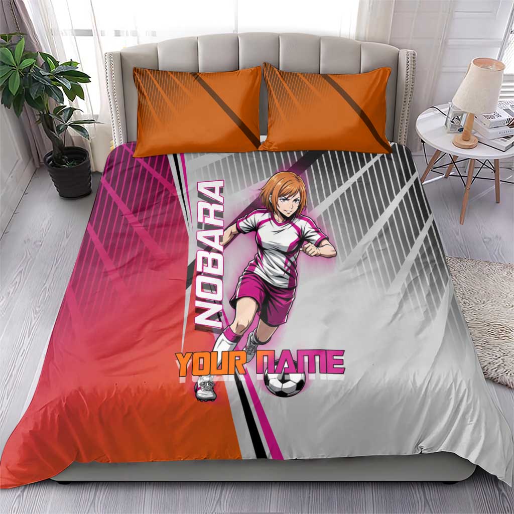 Personalized Nobara Kugisaki Jujutsu Kaisen Bedding Set with Pink Orange Gradient and Action Kick Pose