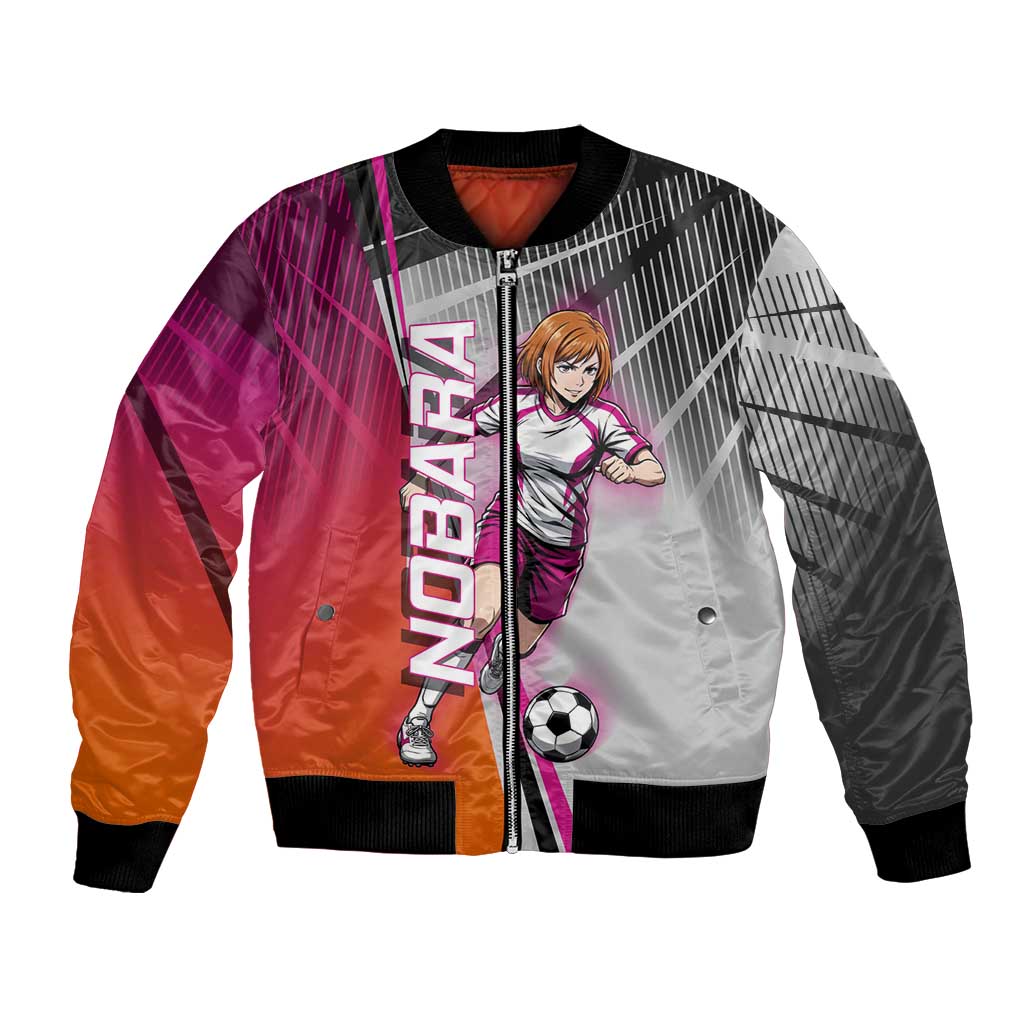 Personalized Nobara Kugisaki Jujutsu Kaisen Bomber Jacket with Pink Orange Gradient and Action Kick Pose