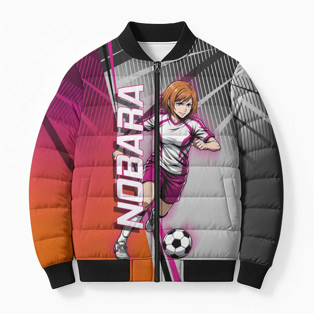 Personalized Nobara Kugisaki Jujutsu Kaisen Bomber Puffer Jacket with Pink Orange Gradient and Action Kick Pose
