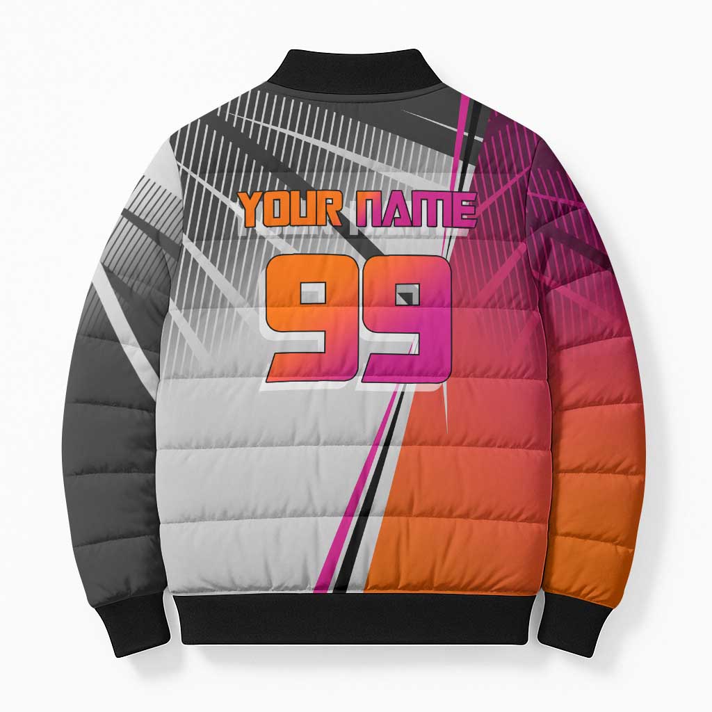 Personalized Nobara Kugisaki Jujutsu Kaisen Bomber Puffer Jacket with Pink Orange Gradient and Action Kick Pose