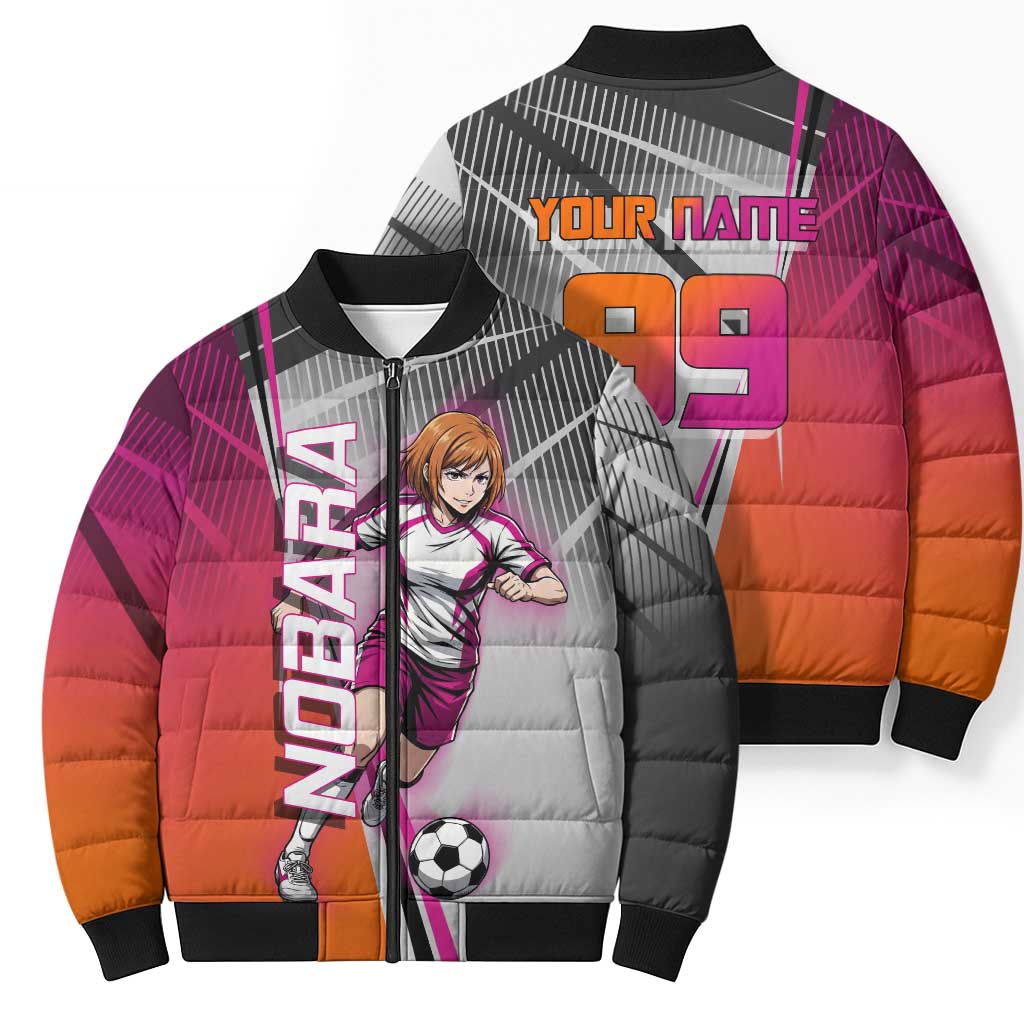 Personalized Nobara Kugisaki Jujutsu Kaisen Bomber Puffer Jacket with Pink Orange Gradient and Action Kick Pose