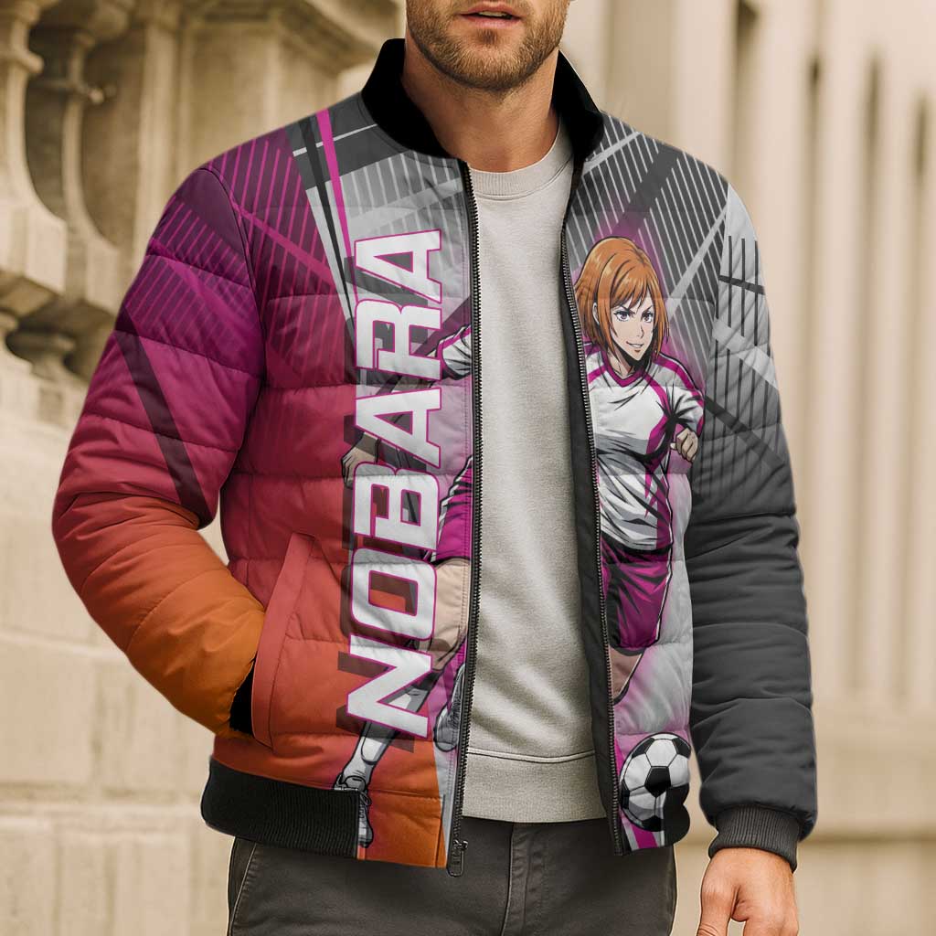 Personalized Nobara Kugisaki Jujutsu Kaisen Bomber Puffer Jacket with Pink Orange Gradient and Action Kick Pose