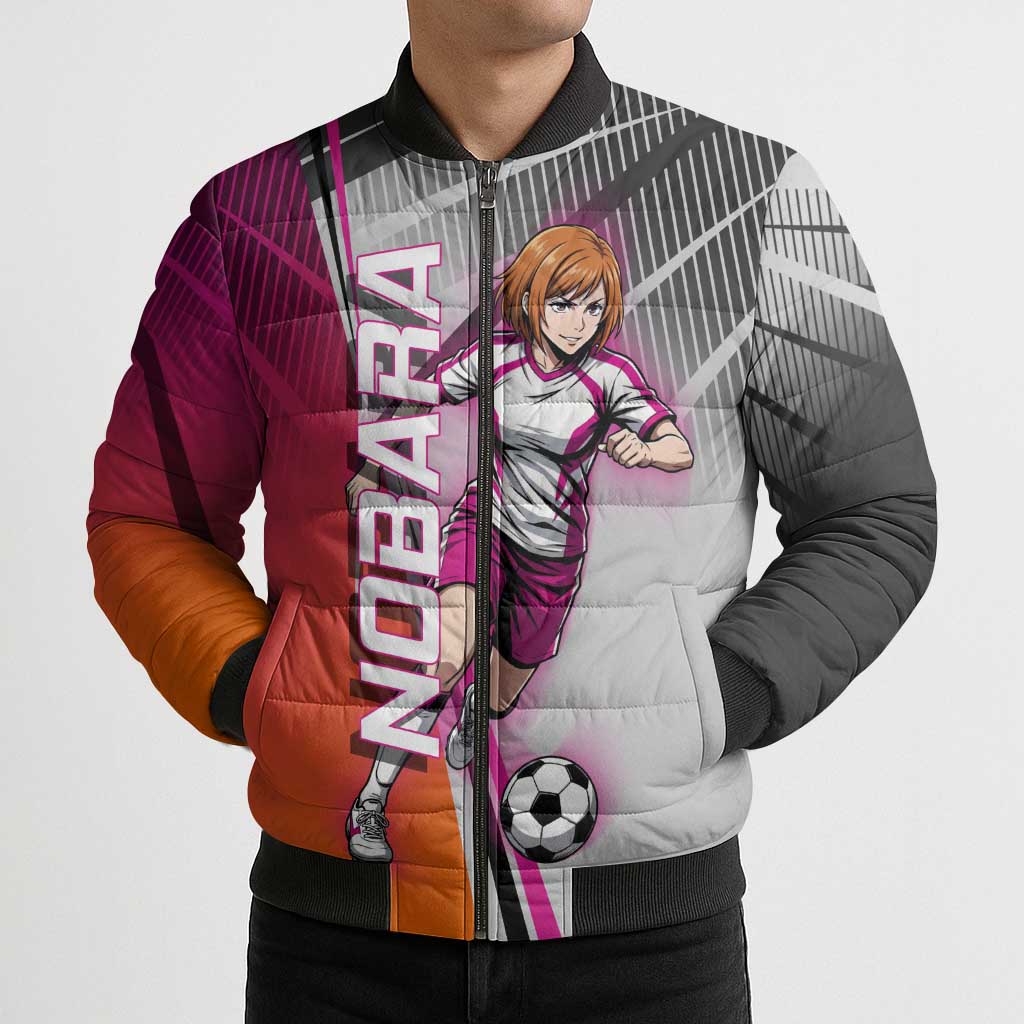 Personalized Nobara Kugisaki Jujutsu Kaisen Bomber Puffer Jacket with Pink Orange Gradient and Action Kick Pose