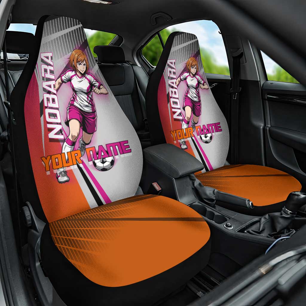 Personalized Nobara Kugisaki Jujutsu Kaisen Car Seat Cover with Pink Orange Gradient and Action Kick Pose