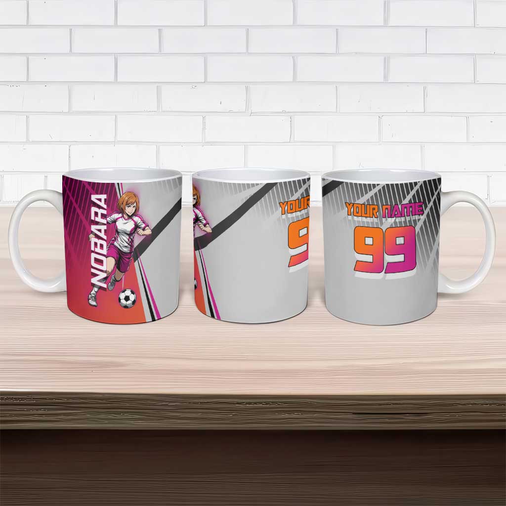 Personalized Nobara Kugisaki Jujutsu Kaisen Ceramic Mug with Pink Orange Gradient and Action Kick Pose