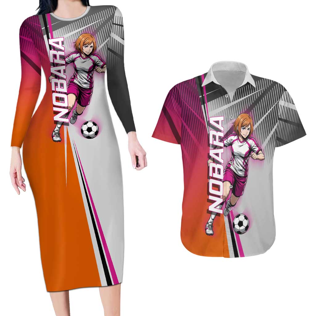 Personalized Nobara Kugisaki Jujutsu Kaisen Couples Matching Long Sleeve Bodycon Dress and Hawaiian Shirt with Pink Orange Gradient and Action Kick Pose