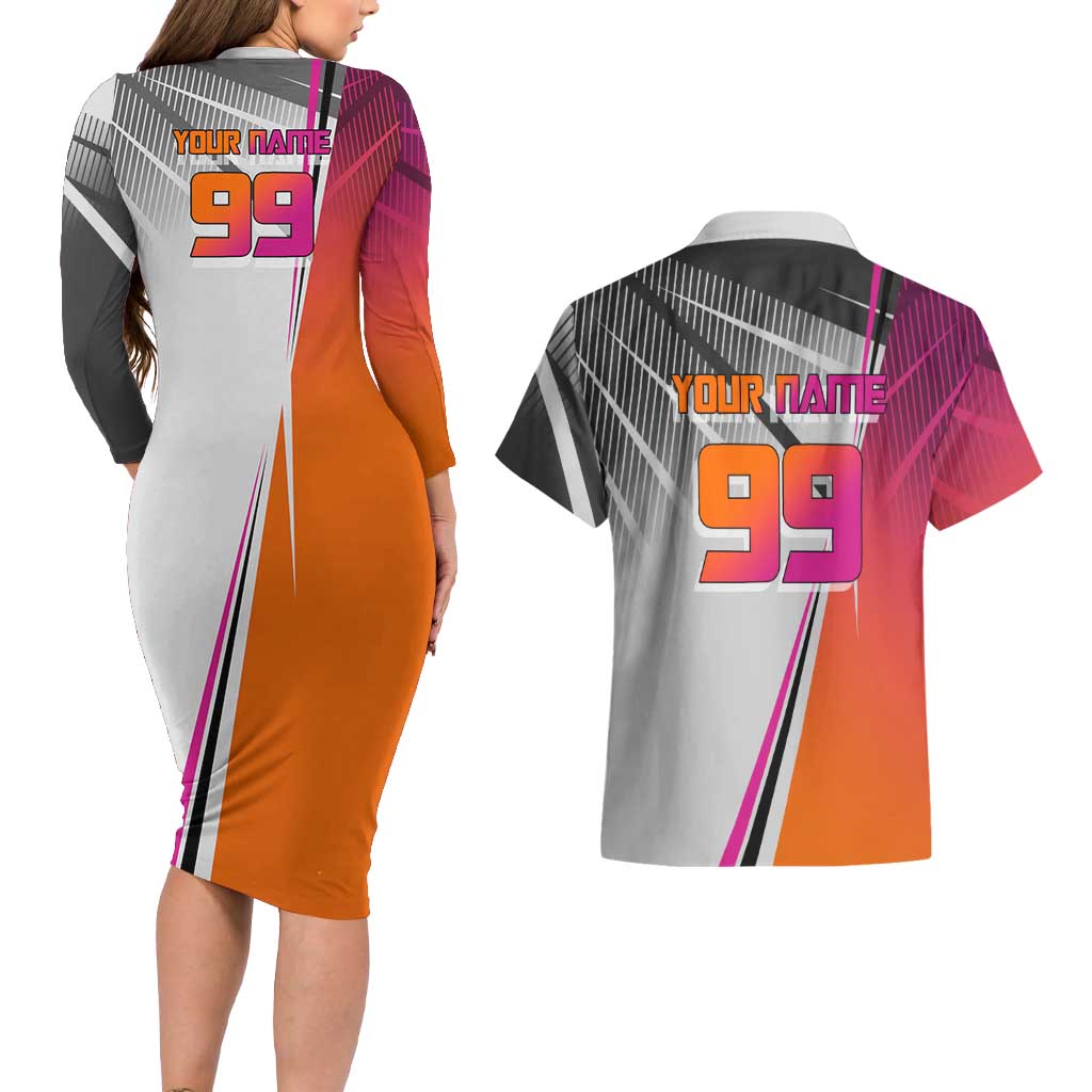 Personalized Nobara Kugisaki Jujutsu Kaisen Couples Matching Long Sleeve Bodycon Dress and Hawaiian Shirt with Pink Orange Gradient and Action Kick Pose