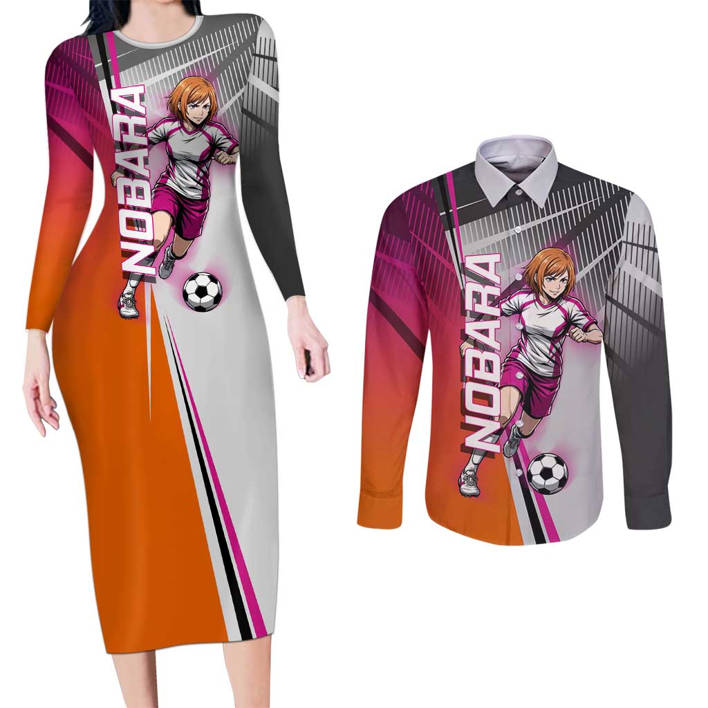 Personalized Nobara Kugisaki Jujutsu Kaisen Couples Matching Long Sleeve Bodycon Dress and Long Sleeve Button Shirt with Pink Orange Gradient and Action Kick Pose