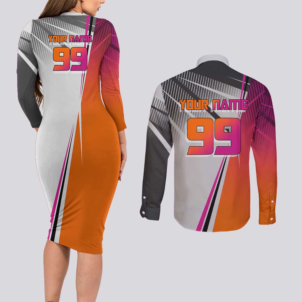 Personalized Nobara Kugisaki Jujutsu Kaisen Couples Matching Long Sleeve Bodycon Dress and Long Sleeve Button Shirt with Pink Orange Gradient and Action Kick Pose