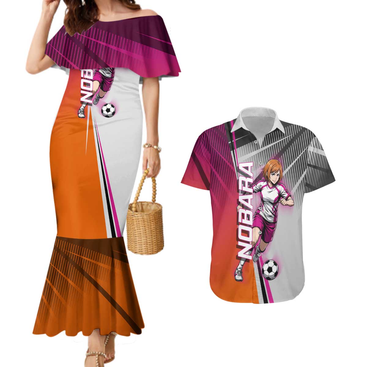Personalized Nobara Kugisaki Jujutsu Kaisen Couples Matching Mermaid Dress and Hawaiian Shirt with Pink Orange Gradient and Action Kick Pose