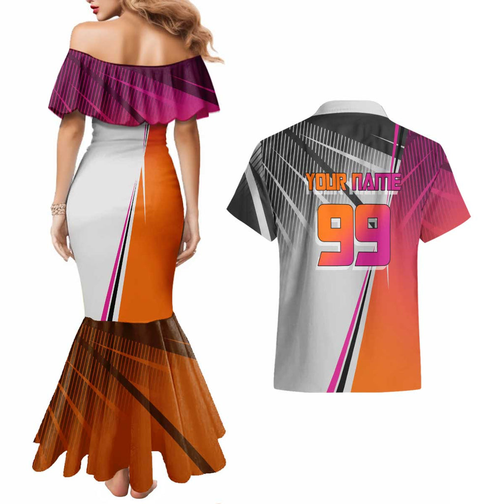 Personalized Nobara Kugisaki Jujutsu Kaisen Couples Matching Mermaid Dress and Hawaiian Shirt with Pink Orange Gradient and Action Kick Pose