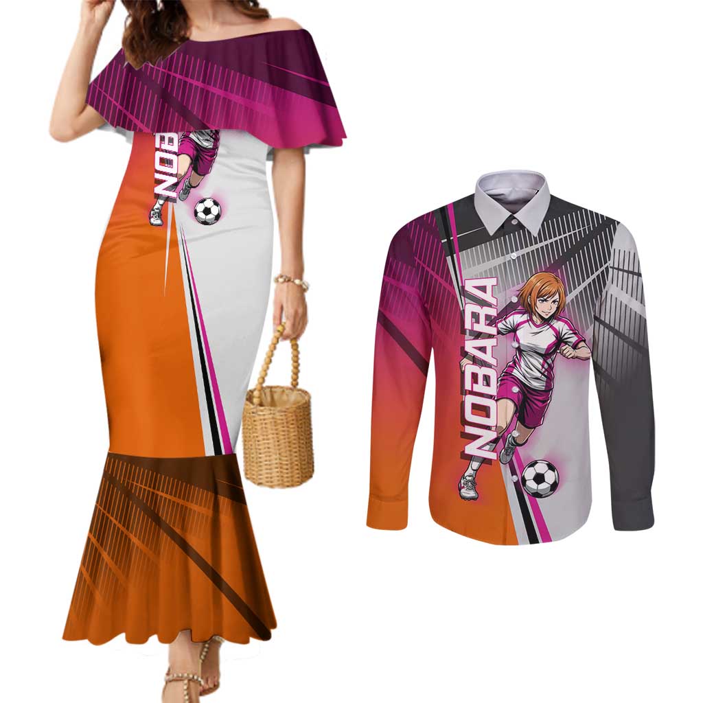 Personalized Nobara Kugisaki Jujutsu Kaisen Couples Matching Mermaid Dress and Long Sleeve Button Shirt with Pink Orange Gradient and Action Kick Pose