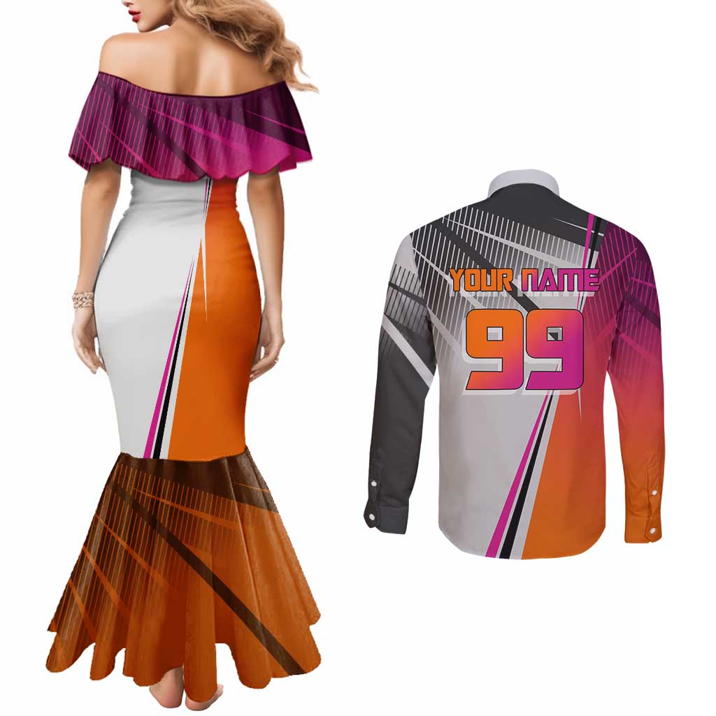 Personalized Nobara Kugisaki Jujutsu Kaisen Couples Matching Mermaid Dress and Long Sleeve Button Shirt with Pink Orange Gradient and Action Kick Pose