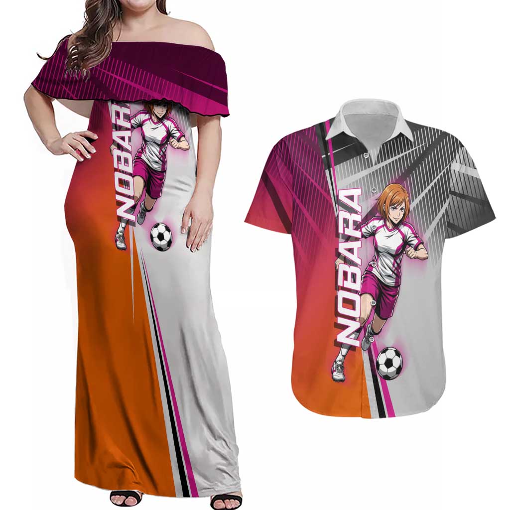 Personalized Nobara Kugisaki Jujutsu Kaisen Couples Matching Off Shoulder Maxi Dress and Hawaiian Shirt with Pink Orange Gradient and Action Kick Pose