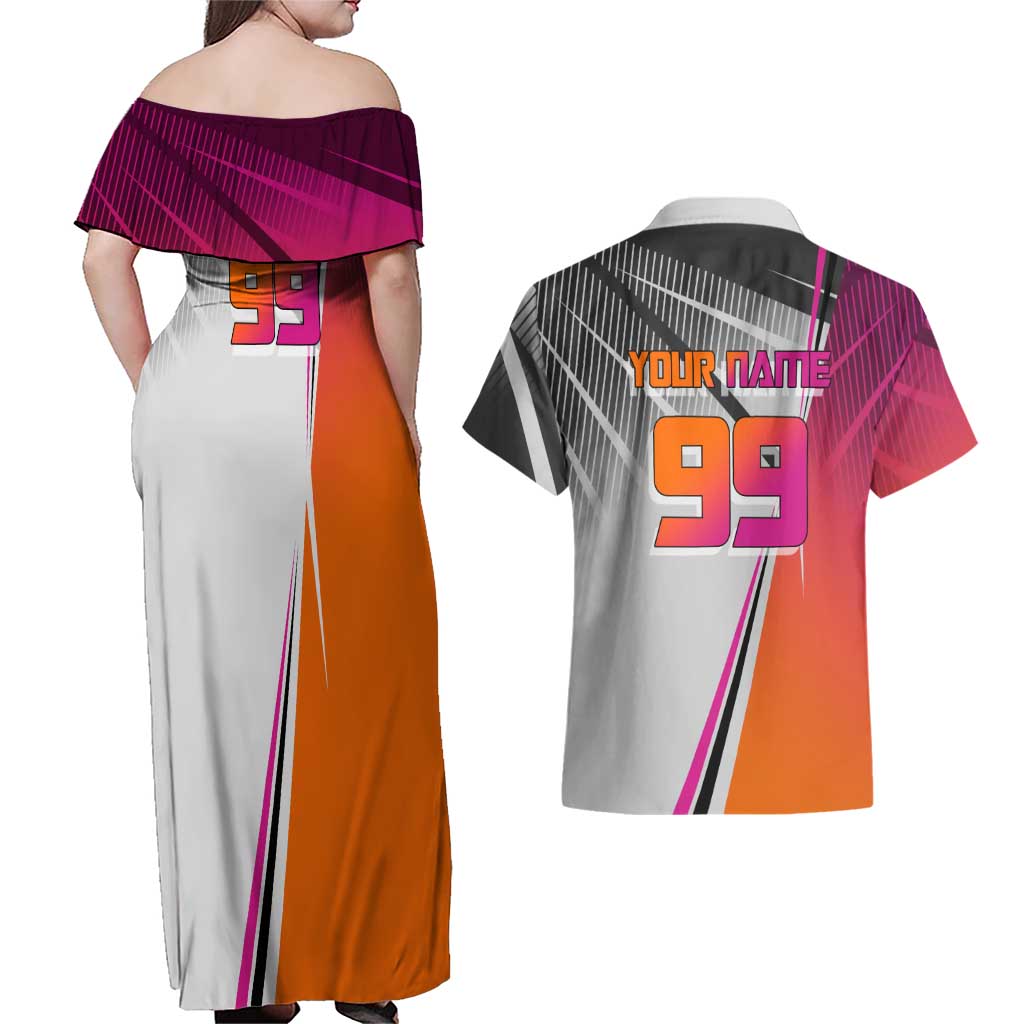 Personalized Nobara Kugisaki Jujutsu Kaisen Couples Matching Off Shoulder Maxi Dress and Hawaiian Shirt with Pink Orange Gradient and Action Kick Pose