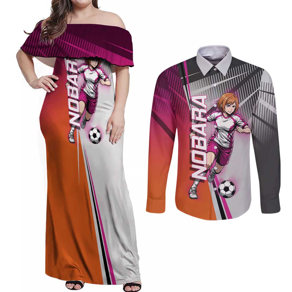 Personalized Nobara Kugisaki Jujutsu Kaisen Couples Matching Off Shoulder Maxi Dress and Long Sleeve Button Shirt with Pink Orange Gradient and Action Kick Pose