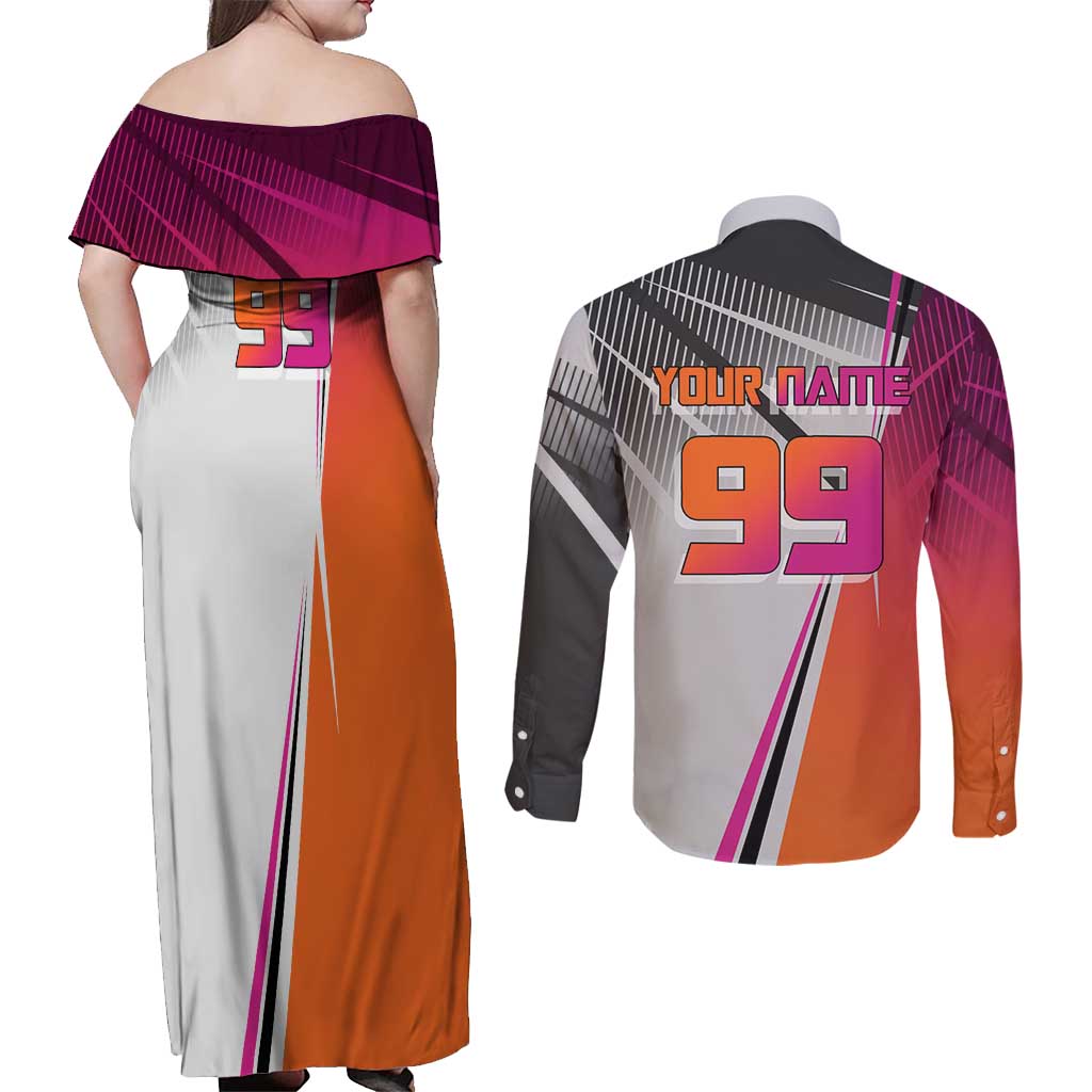 Personalized Nobara Kugisaki Jujutsu Kaisen Couples Matching Off Shoulder Maxi Dress and Long Sleeve Button Shirt with Pink Orange Gradient and Action Kick Pose