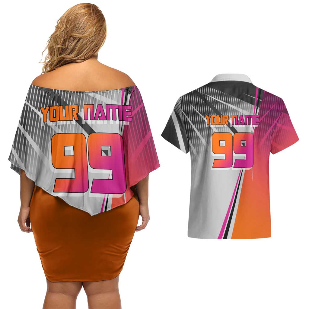Personalized Nobara Kugisaki Jujutsu Kaisen Couples Matching Off Shoulder Short Dress and Hawaiian Shirt with Pink Orange Gradient and Action Kick Pose