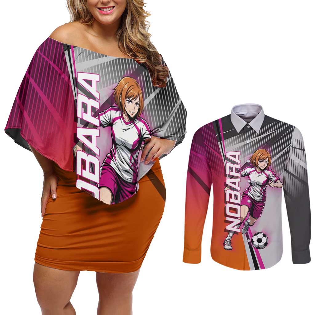 Personalized Nobara Kugisaki Jujutsu Kaisen Couples Matching Off Shoulder Short Dress and Long Sleeve Button Shirt with Pink Orange Gradient and Action Kick Pose