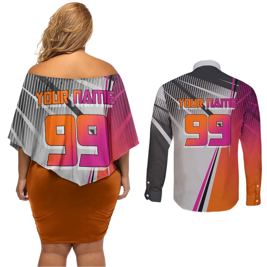 Personalized Nobara Kugisaki Jujutsu Kaisen Couples Matching Off Shoulder Short Dress and Long Sleeve Button Shirt with Pink Orange Gradient and Action Kick Pose