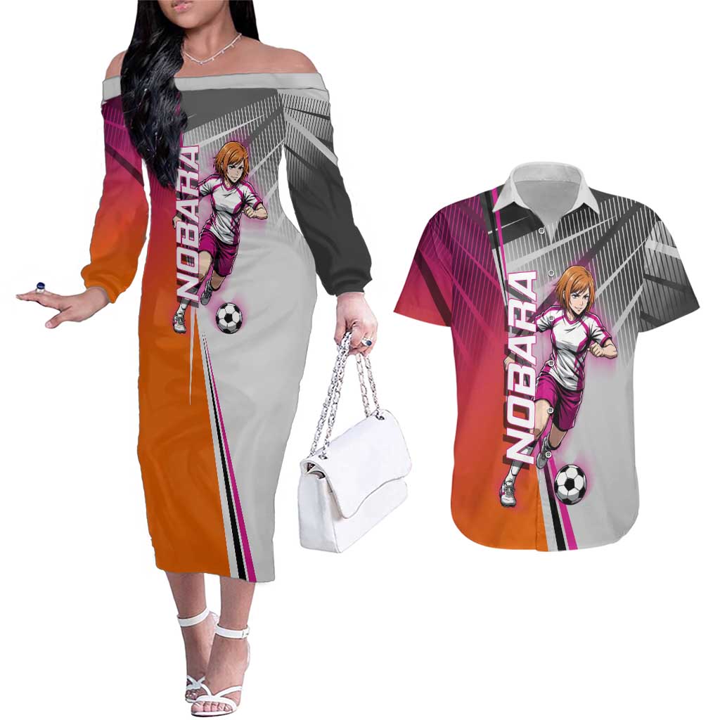 Personalized Nobara Kugisaki Jujutsu Kaisen Couples Matching Off The Shoulder Long Sleeve Dress and Hawaiian Shirt with Pink Orange Gradient and Action Kick Pose