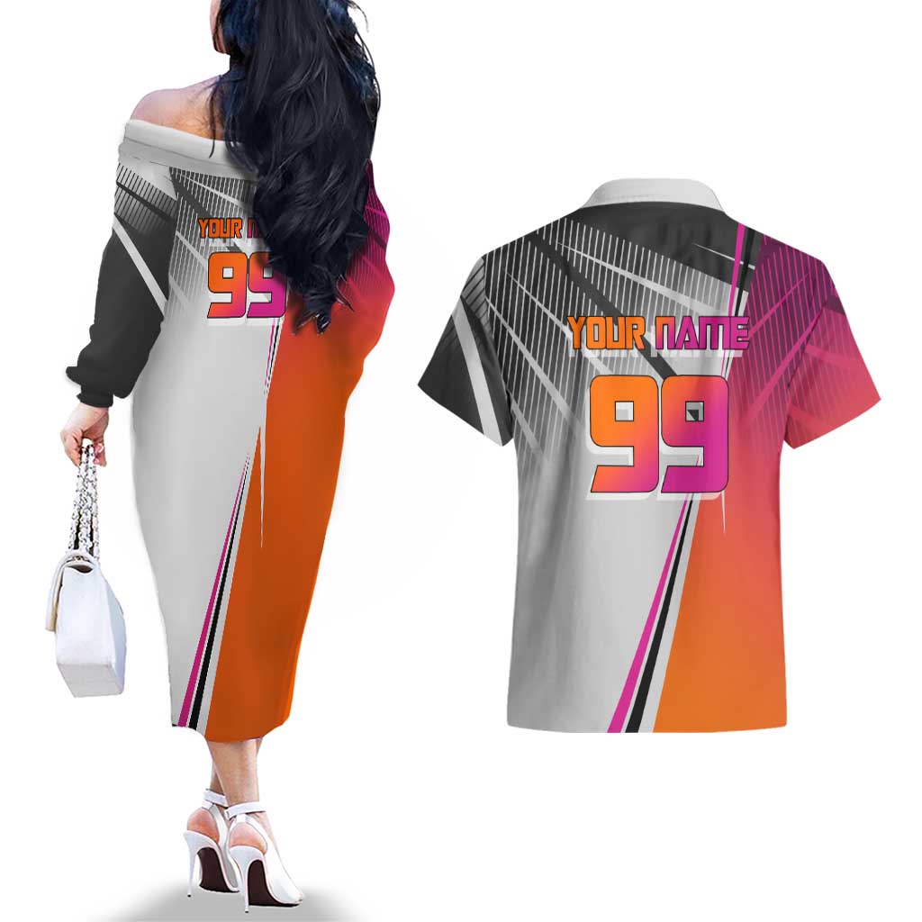 Personalized Nobara Kugisaki Jujutsu Kaisen Couples Matching Off The Shoulder Long Sleeve Dress and Hawaiian Shirt with Pink Orange Gradient and Action Kick Pose