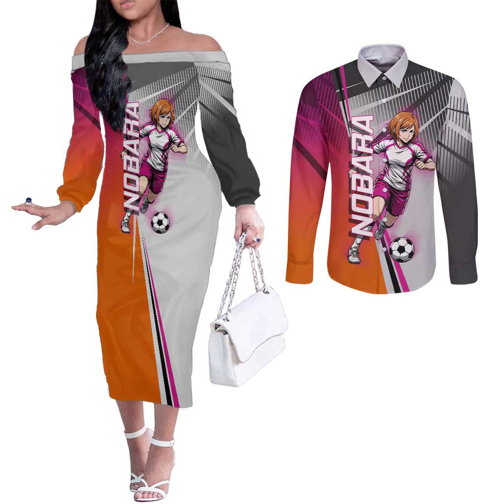 Personalized Nobara Kugisaki Jujutsu Kaisen Couples Matching Off The Shoulder Long Sleeve Dress and Long Sleeve Button Shirt with Pink Orange Gradient and Action Kick Pose