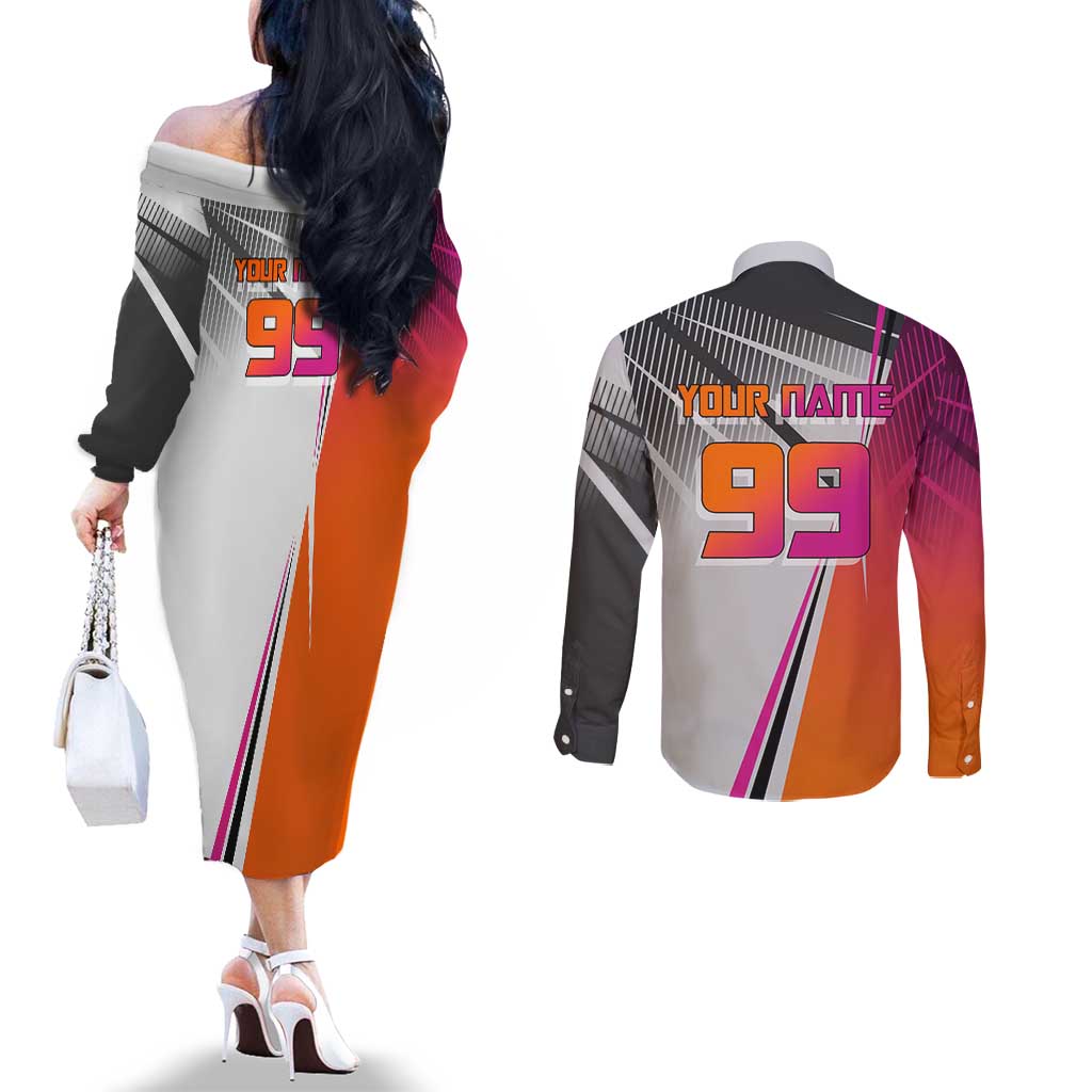 Personalized Nobara Kugisaki Jujutsu Kaisen Couples Matching Off The Shoulder Long Sleeve Dress and Long Sleeve Button Shirt with Pink Orange Gradient and Action Kick Pose