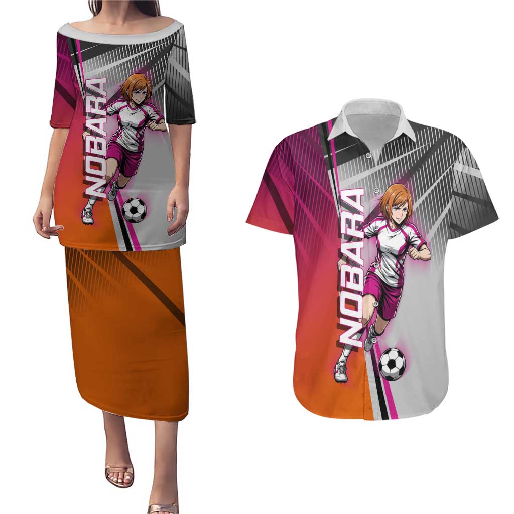Personalized Nobara Kugisaki Jujutsu Kaisen Couples Matching Puletasi and Hawaiian Shirt with Pink Orange Gradient and Action Kick Pose