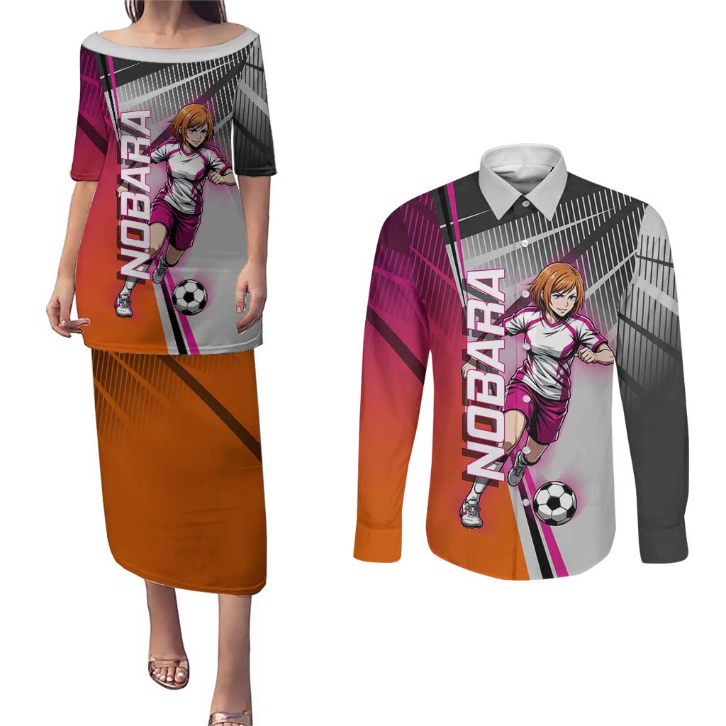 Personalized Nobara Kugisaki Jujutsu Kaisen Couples Matching Puletasi and Long Sleeve Button Shirt with Pink Orange Gradient and Action Kick Pose