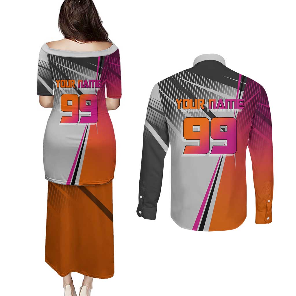 Personalized Nobara Kugisaki Jujutsu Kaisen Couples Matching Puletasi and Long Sleeve Button Shirt with Pink Orange Gradient and Action Kick Pose