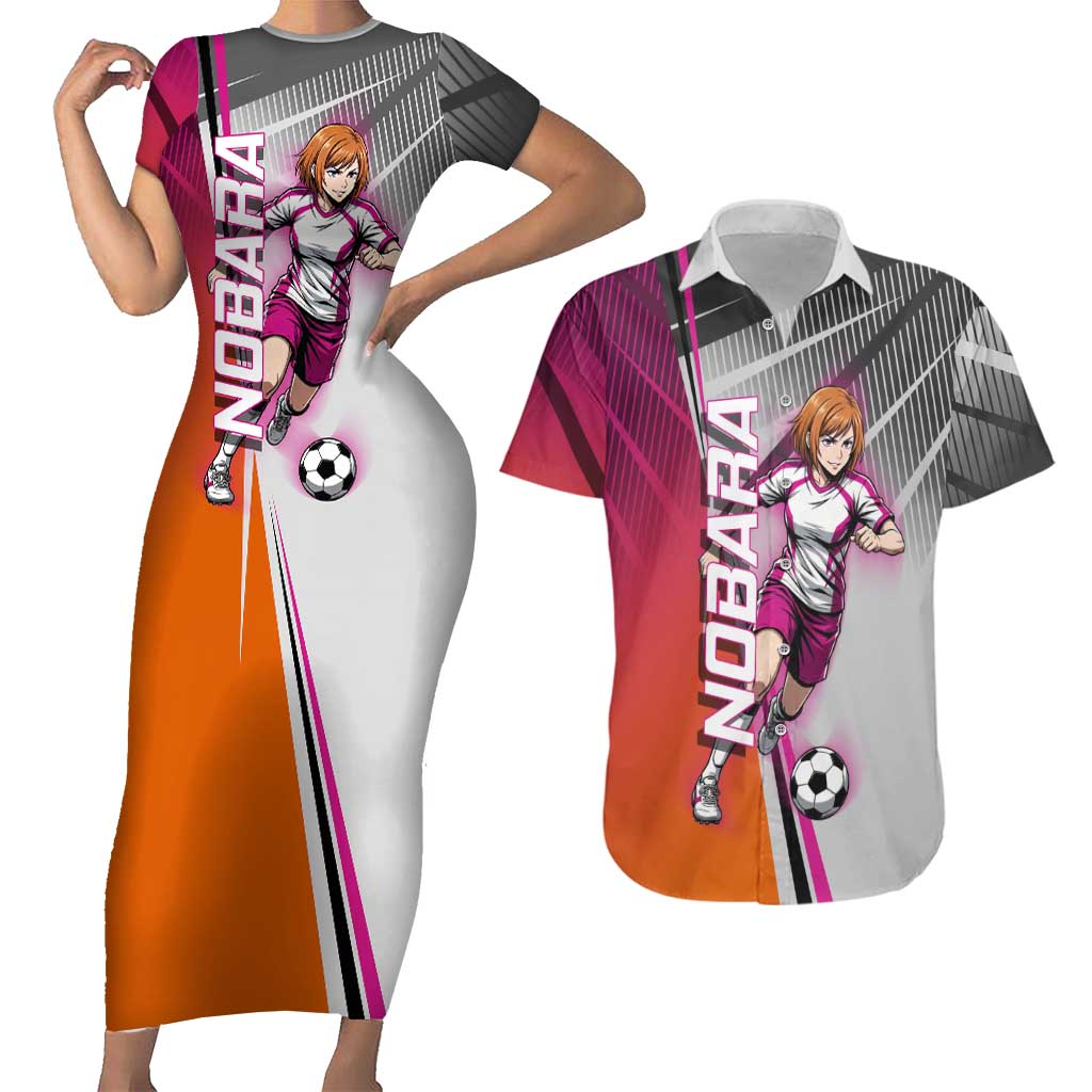 Personalized Nobara Kugisaki Jujutsu Kaisen Couples Matching Short Sleeve Bodycon Dress and Hawaiian Shirt with Pink Orange Gradient and Action Kick Pose