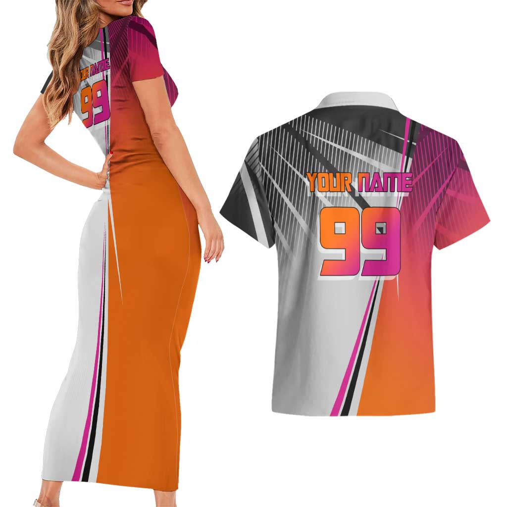 Personalized Nobara Kugisaki Jujutsu Kaisen Couples Matching Short Sleeve Bodycon Dress and Hawaiian Shirt with Pink Orange Gradient and Action Kick Pose