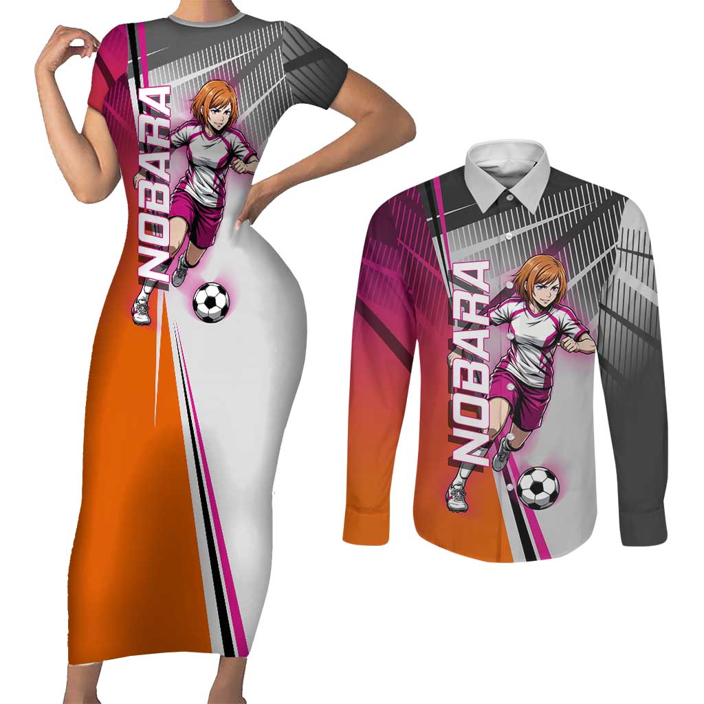 Personalized Nobara Kugisaki Jujutsu Kaisen Couples Matching Short Sleeve Bodycon Dress and Long Sleeve Button Shirt with Pink Orange Gradient and Action Kick Pose