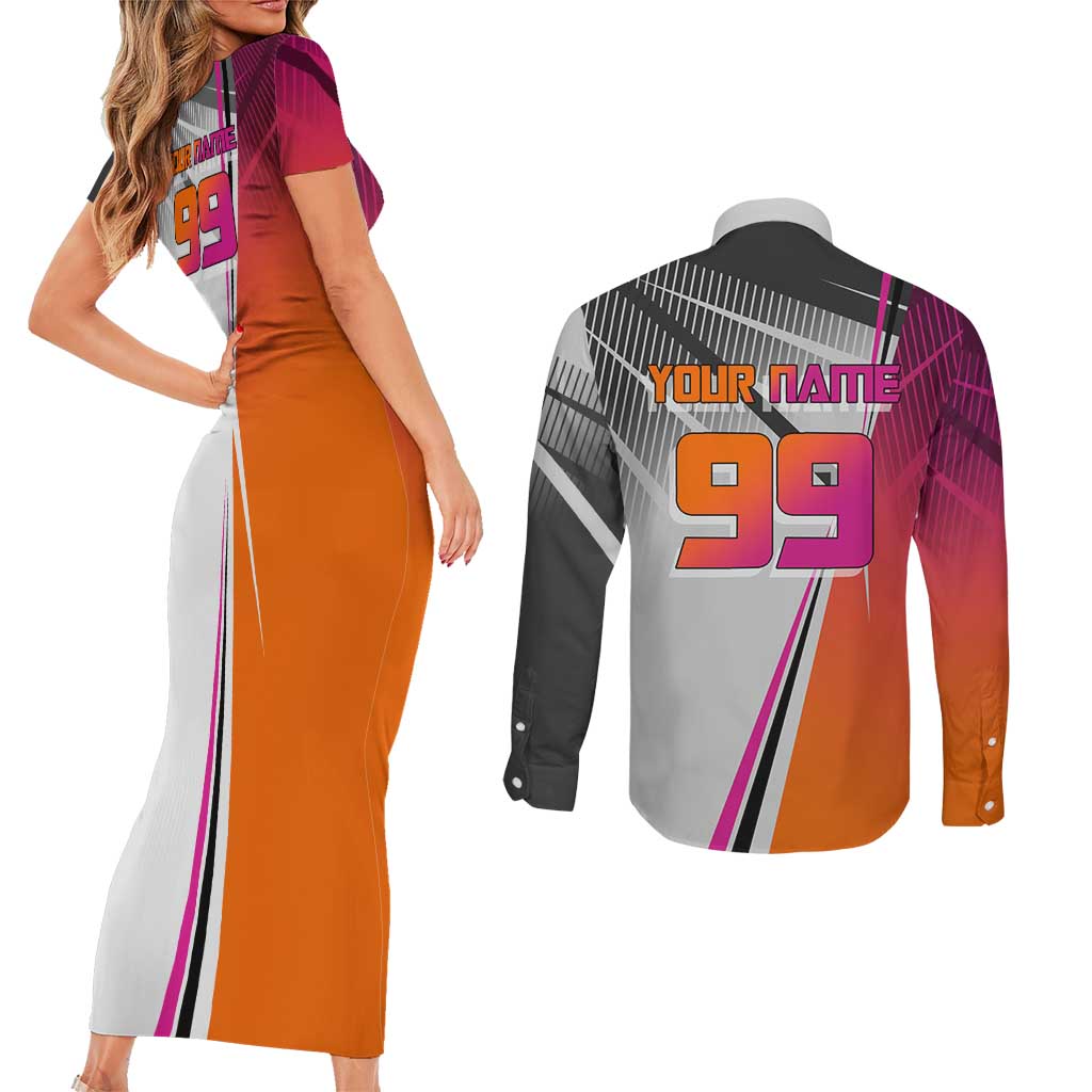 Personalized Nobara Kugisaki Jujutsu Kaisen Couples Matching Short Sleeve Bodycon Dress and Long Sleeve Button Shirt with Pink Orange Gradient and Action Kick Pose