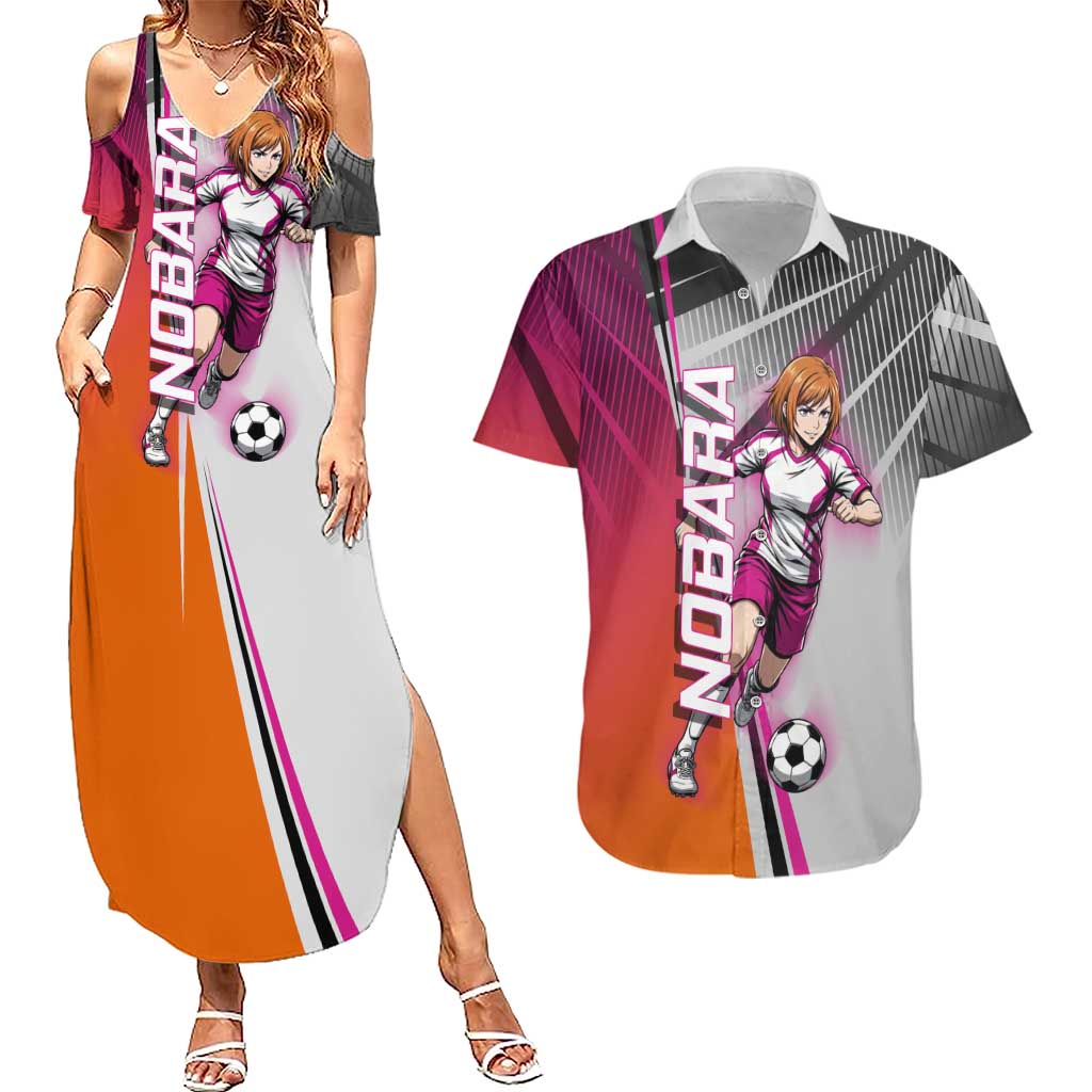 Personalized Nobara Kugisaki Jujutsu Kaisen Couples Matching Summer Maxi Dress and Hawaiian Shirt with Pink Orange Gradient and Action Kick Pose