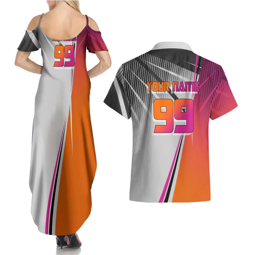 Personalized Nobara Kugisaki Jujutsu Kaisen Couples Matching Summer Maxi Dress and Hawaiian Shirt with Pink Orange Gradient and Action Kick Pose