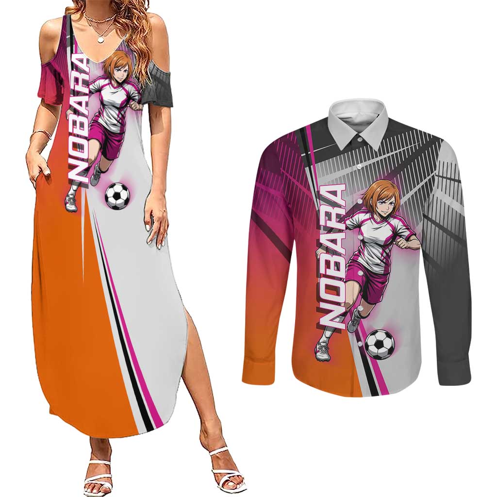 Personalized Nobara Kugisaki Jujutsu Kaisen Couples Matching Summer Maxi Dress and Long Sleeve Button Shirt with Pink Orange Gradient and Action Kick Pose