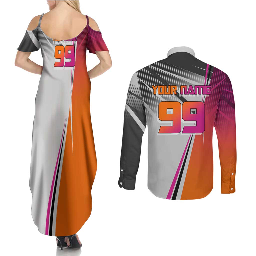 Personalized Nobara Kugisaki Jujutsu Kaisen Couples Matching Summer Maxi Dress and Long Sleeve Button Shirt with Pink Orange Gradient and Action Kick Pose