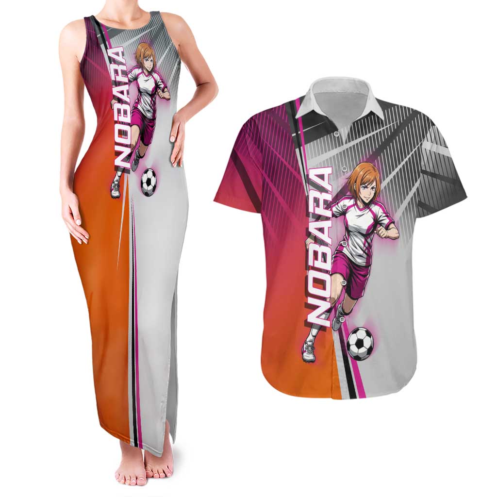 Personalized Nobara Kugisaki Jujutsu Kaisen Couples Matching Tank Maxi Dress and Hawaiian Shirt with Pink Orange Gradient and Action Kick Pose