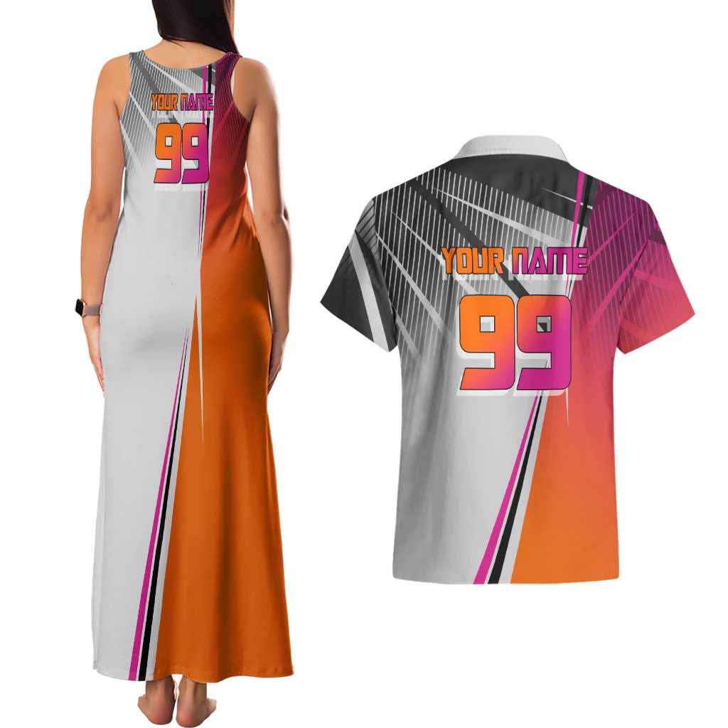 Personalized Nobara Kugisaki Jujutsu Kaisen Couples Matching Tank Maxi Dress and Hawaiian Shirt with Pink Orange Gradient and Action Kick Pose