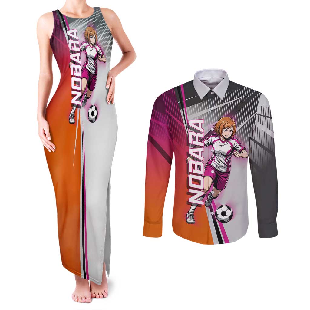 Personalized Nobara Kugisaki Jujutsu Kaisen Couples Matching Tank Maxi Dress and Long Sleeve Button Shirt with Pink Orange Gradient and Action Kick Pose