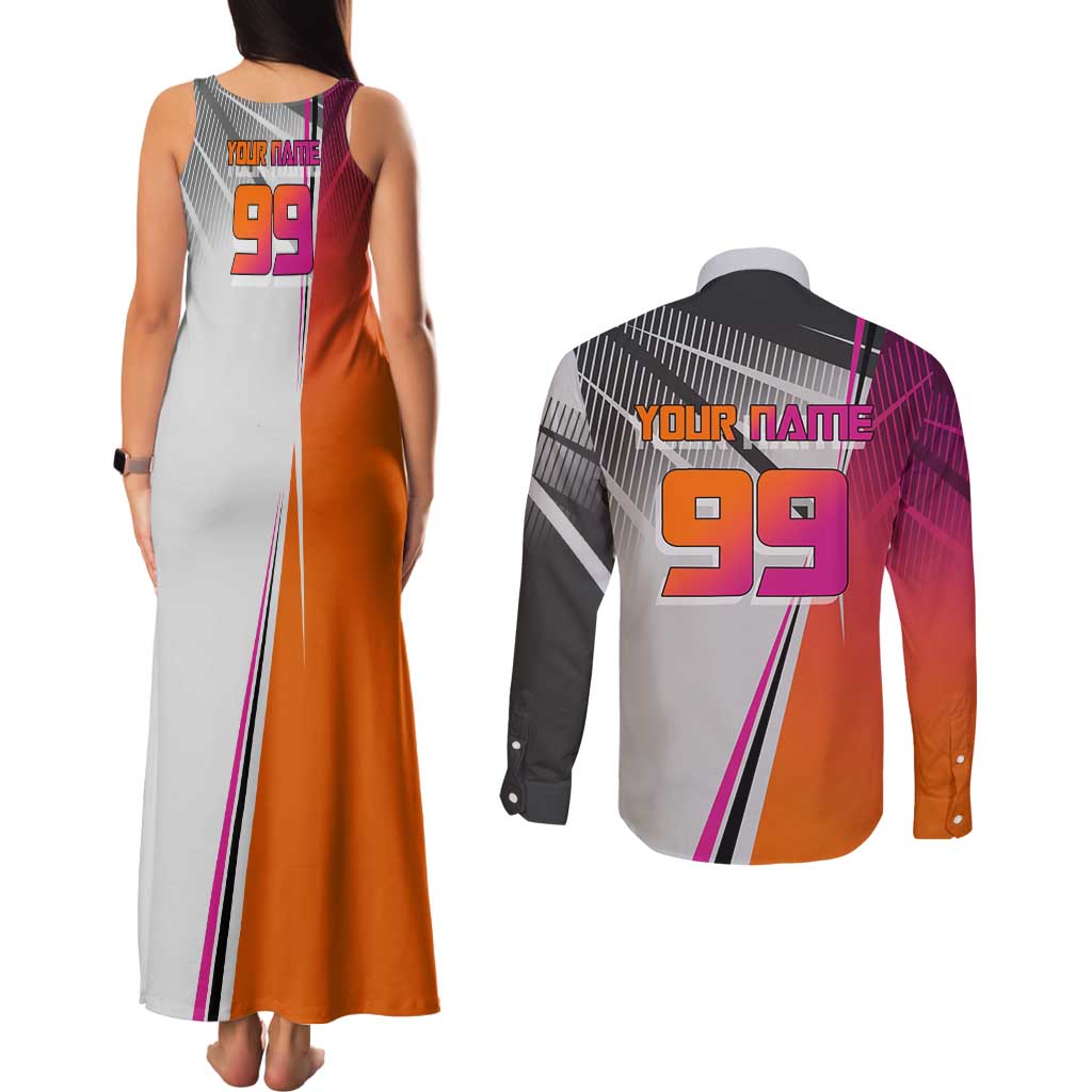 Personalized Nobara Kugisaki Jujutsu Kaisen Couples Matching Tank Maxi Dress and Long Sleeve Button Shirt with Pink Orange Gradient and Action Kick Pose