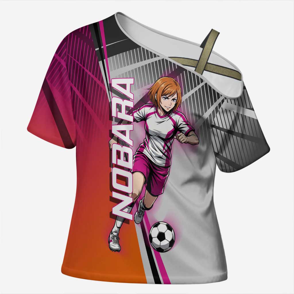 Personalized Nobara Kugisaki Jujutsu Kaisen Cross Shoulder Shirt with Pink Orange Gradient and Action Kick Pose