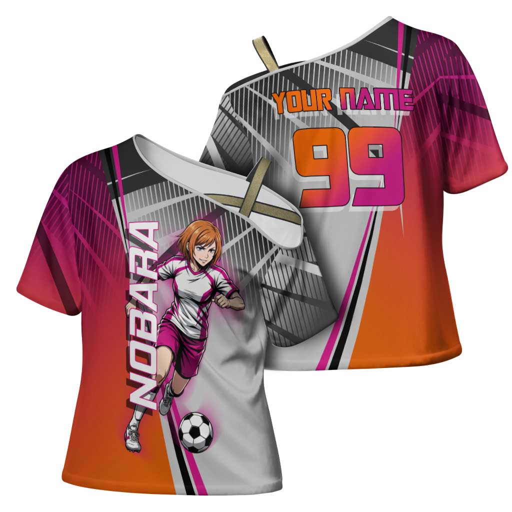 Personalized Nobara Kugisaki Jujutsu Kaisen Cross Shoulder Shirt with Pink Orange Gradient and Action Kick Pose