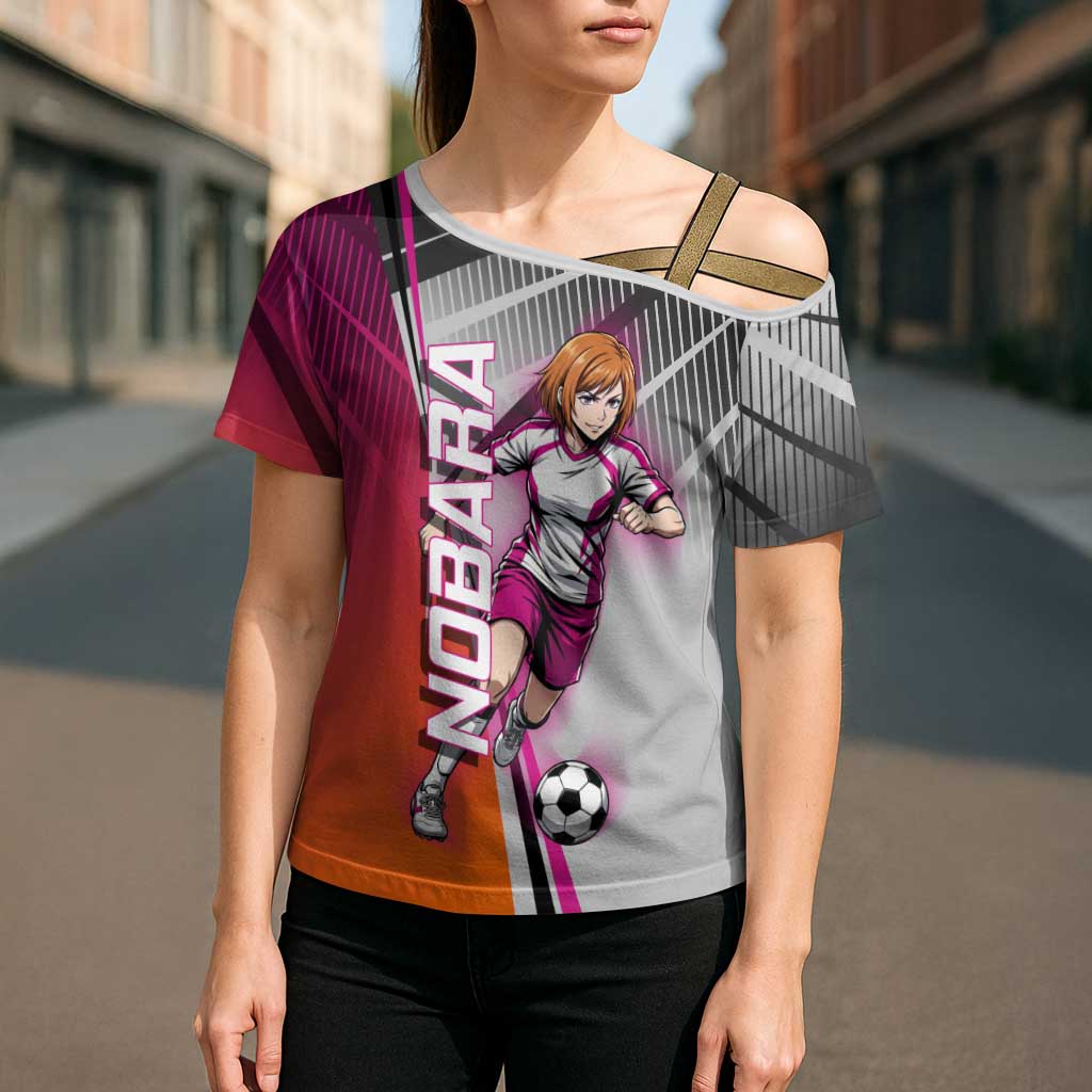 Personalized Nobara Kugisaki Jujutsu Kaisen Cross Shoulder Shirt with Pink Orange Gradient and Action Kick Pose