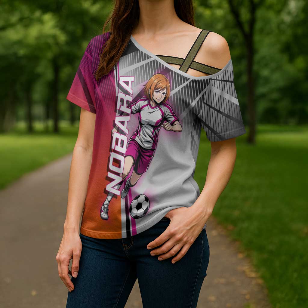Personalized Nobara Kugisaki Jujutsu Kaisen Cross Shoulder Shirt with Pink Orange Gradient and Action Kick Pose